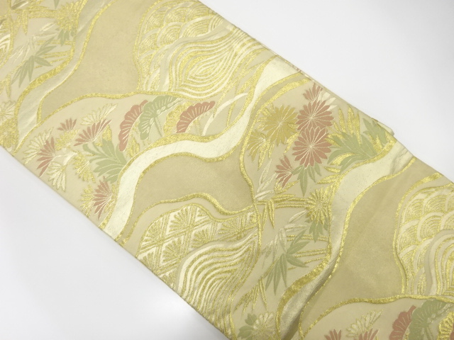 JAPANESE KIMONO / ANTIQUE FUKURO OBI / SILK / WOVEN PINE & KIKU